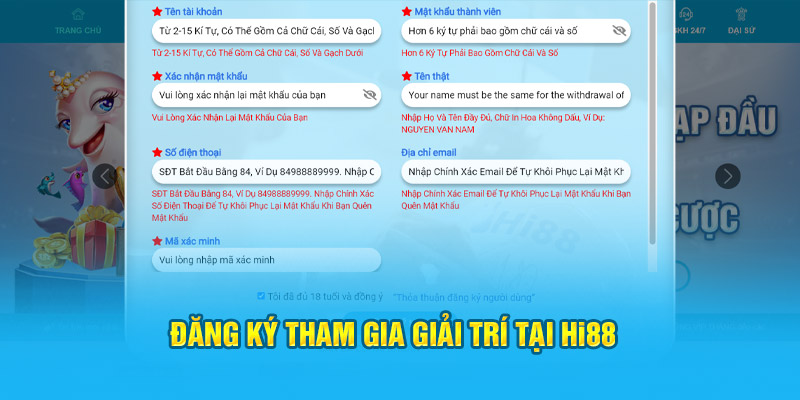 Đăng ký tham gia giải trí tại Hi88